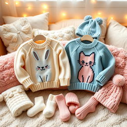 A collection of cute and adorable matching items, including two cozy knitted sweaters with pastel colors, featuring playful animal designs like a bunny and a cat