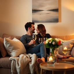 A romantic scene featuring a couple seated closely together on a cozy couch in a warmly lit living room