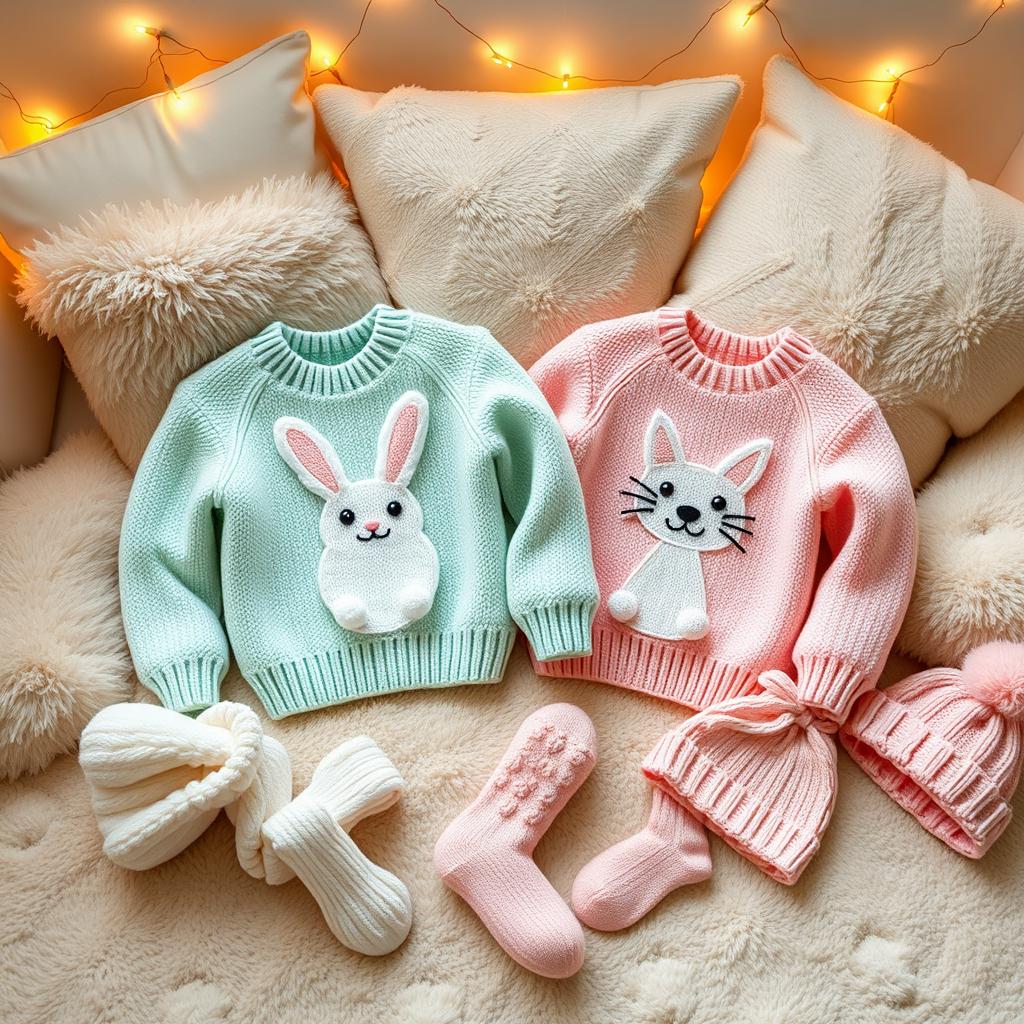 A collection of cute and adorable matching items, including two cozy knitted sweaters with pastel colors, featuring playful animal designs like a bunny and a cat