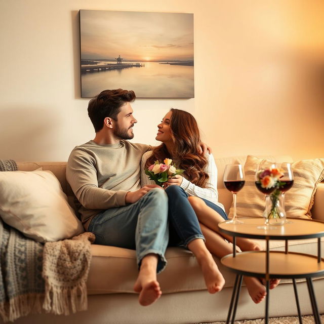 A romantic scene featuring a couple seated closely together on a cozy couch in a warmly lit living room