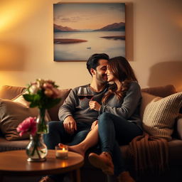 A romantic scene featuring a couple seated closely together on a cozy couch in a warmly lit living room