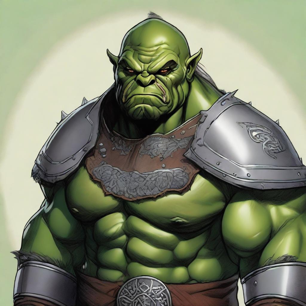 A high-quality digital illustration featuring a burly green orc with a prominent scar across his left eye