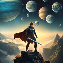 A dramatic scene featuring a young swordsman standing confidently on a towering mountain peak