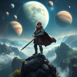 A dramatic scene featuring a young swordsman standing confidently on a towering mountain peak