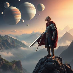 A dramatic scene featuring a young swordsman standing confidently on a towering mountain peak