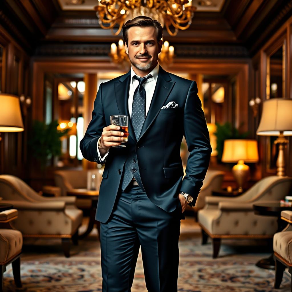 An affluent man standing confidently in a luxurious setting, dressed in an elegant tailored suit