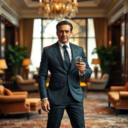 An affluent man standing confidently in a luxurious setting, dressed in an elegant tailored suit