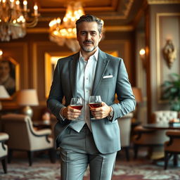 An affluent man standing confidently in a luxurious setting, dressed in an elegant tailored suit