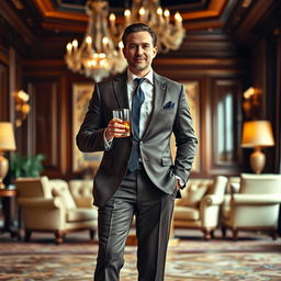 An affluent man standing confidently in a luxurious setting, dressed in an elegant tailored suit
