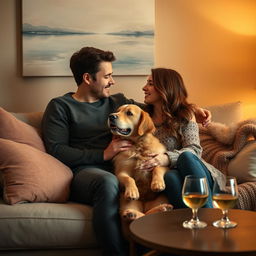 A romantic scene featuring a couple seated closely together on a cozy couch in a warmly lit living room