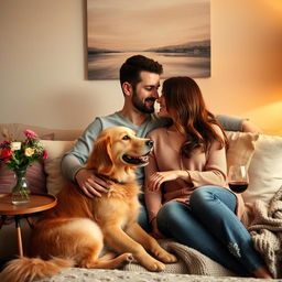 A romantic scene featuring a couple seated closely together on a cozy couch in a warmly lit living room