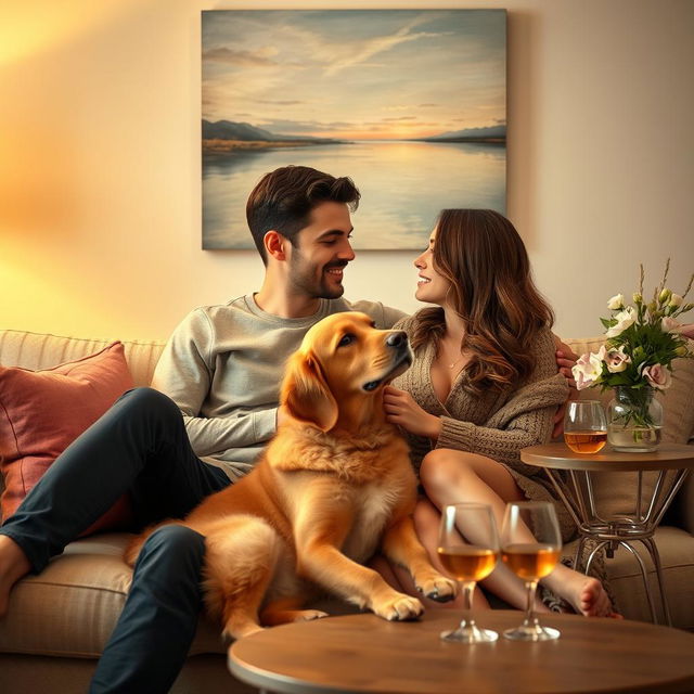 A romantic scene featuring a couple seated closely together on a cozy couch in a warmly lit living room