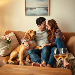 A romantic scene featuring a couple seated closely together on a cozy couch in a warmly lit living room