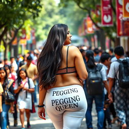 An Indian woman with a curvy and voluptuous figure confidently walking through a crowded college campus