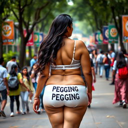 An Indian woman with a curvy and voluptuous figure confidently walking through a crowded college campus