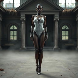 An alluring thin black woman, 19 years old, stands confidently in the center of an abandoned, old mansion that exhibits signs of mold and is shrouded in a mystical mist