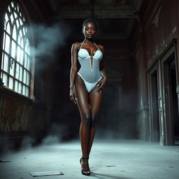An alluring thin black woman, 19 years old, stands confidently in the center of an abandoned, old mansion that exhibits signs of mold and is shrouded in a mystical mist