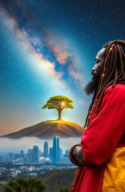A 38-year-old black Rastafarian man dressed in a vibrant red and yellow robe, adorned with multicolored beads interwoven in his long dreadlocks, gazing thoughtfully at a serene hill with a single, majestic tree on top