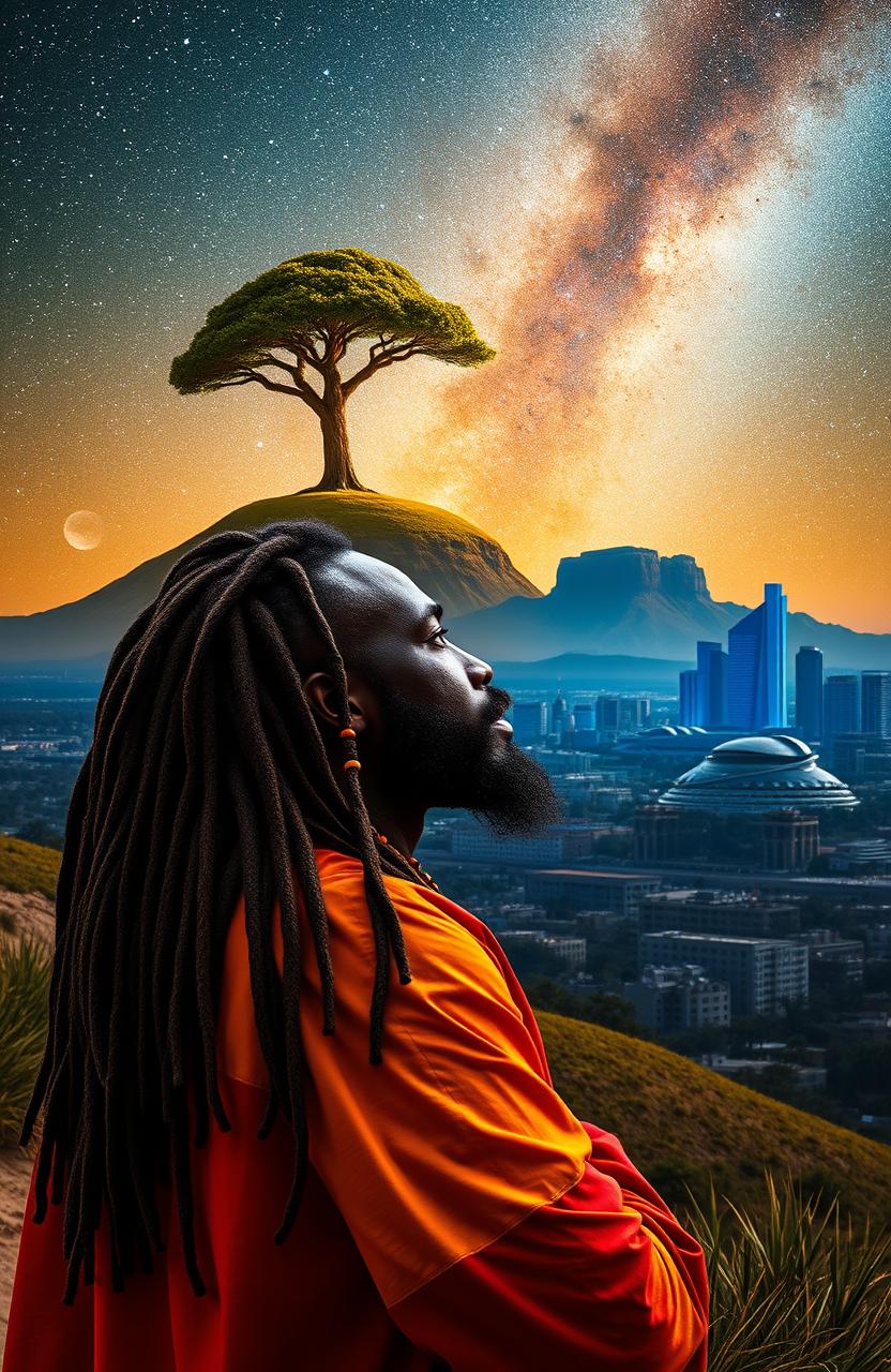 A 38-year-old black Rastafarian man dressed in a vibrant red and yellow robe, adorned with multicolored beads interwoven in his long dreadlocks, gazing thoughtfully at a serene hill with a single, majestic tree on top