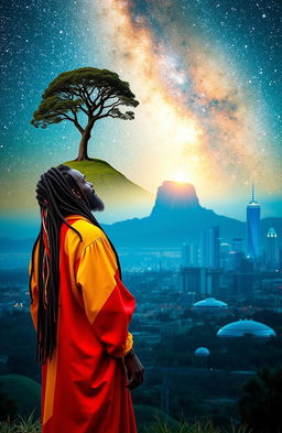 A 38-year-old black Rastafarian man dressed in a vibrant red and yellow robe, adorned with multicolored beads interwoven in his long dreadlocks, gazing thoughtfully at a serene hill with a single, majestic tree on top