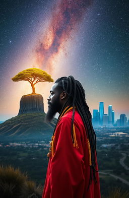 A 38-year-old black Rastafarian man dressed in a vibrant red and yellow robe, adorned with multicolored beads interwoven in his long dreadlocks, gazing thoughtfully at a serene hill with a single, majestic tree on top