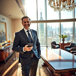 A wealthy businessman dressed in an elegant tailored suit, standing confidently in a luxurious high-rise office with a stunning city skyline view