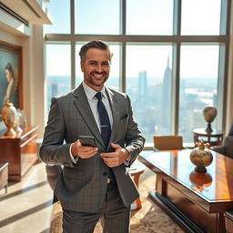 A wealthy businessman dressed in an elegant tailored suit, standing confidently in a luxurious high-rise office with a stunning city skyline view