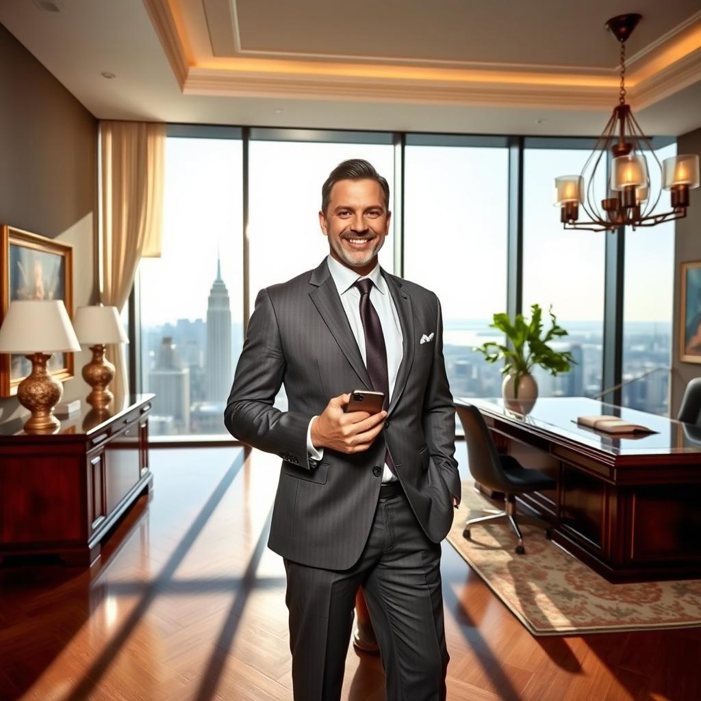 A wealthy businessman dressed in an elegant tailored suit, standing confidently in a luxurious high-rise office with a stunning city skyline view