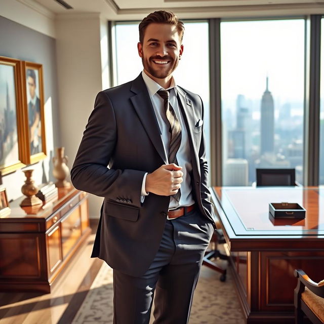 A wealthy businessman dressed in an elegant tailored suit, standing confidently in a luxurious high-rise office with a stunning city skyline view