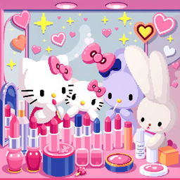A vibrant and colorful pixel art representation of a cosmetics brand inspired by Sanrio characters