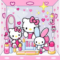 A vibrant and colorful pixel art representation of a cosmetics brand inspired by Sanrio characters