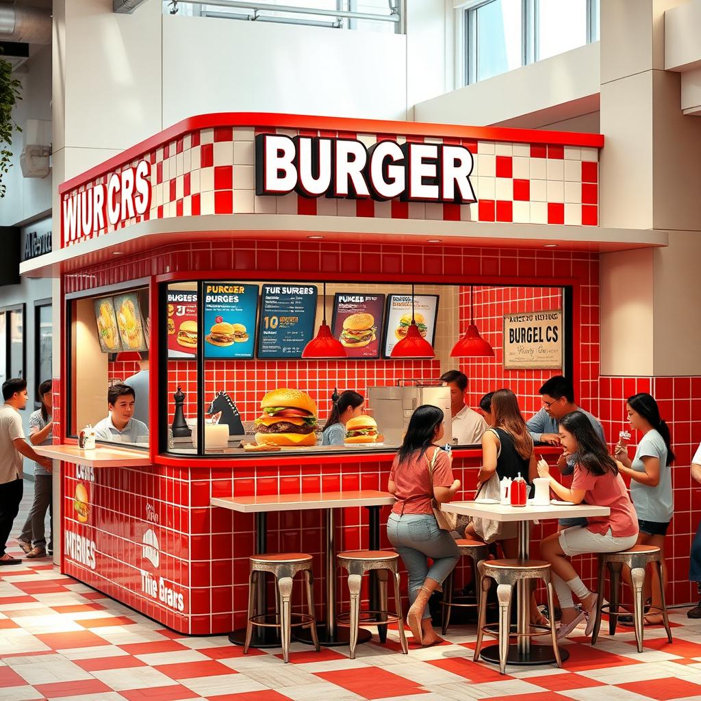 A bustling kiosk-style burger joint designed with a chess red and white tile theme, showcasing a compact and inviting exterior