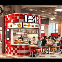 A bustling kiosk-style burger joint designed with a chess red and white tile theme, showcasing a compact and inviting exterior