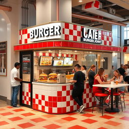 A bustling kiosk-style burger joint designed with a chess red and white tile theme, showcasing a compact and inviting exterior