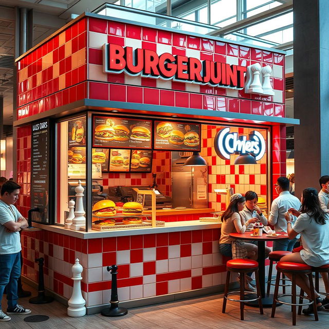 A bustling kiosk-style burger joint designed with a chess red and white tile theme, showcasing a compact and inviting exterior