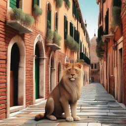 A high-quality digital art image that portrays a little lion exploring the city of Venice