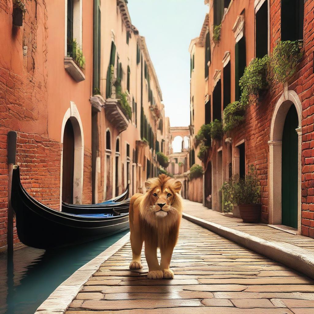 A high-quality digital art image that portrays a little lion exploring the city of Venice