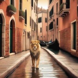 A high-quality digital art image that portrays a little lion exploring the city of Venice