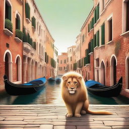 A high-quality digital art image that portrays a little lion exploring the city of Venice