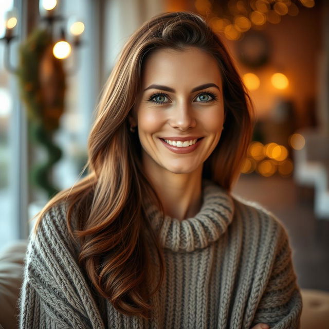 A woman between the ages of 30 to 45, featuring chestnut brown hair and a European appearance, dressed in a cozy and stylish sweater