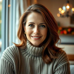 A woman between the ages of 30 to 45, featuring chestnut brown hair and a European appearance, dressed in a cozy and stylish sweater