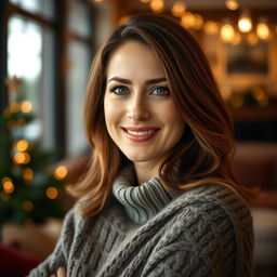 A woman between the ages of 30 to 45, featuring chestnut brown hair and a European appearance, dressed in a cozy and stylish sweater