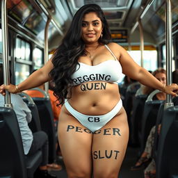An Indian woman with a curvy figure sitting on a bus with her legs wide open, confidently displaying her white bra that reads 'PEGGING QUEEN'