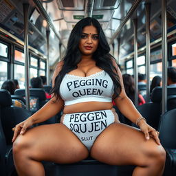 An Indian woman with a curvy figure sitting on a bus with her legs wide open, confidently displaying her white bra that reads 'PEGGING QUEEN'