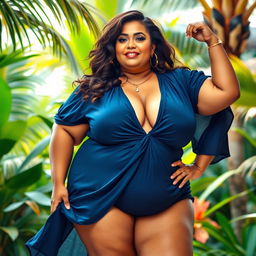A large, confident woman posing in a stylized, artistic manner, showcasing her natural beauty and strength in an empowering way