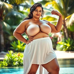 A large, confident woman posing in a stylized, artistic manner, showcasing her natural beauty and strength in an empowering way