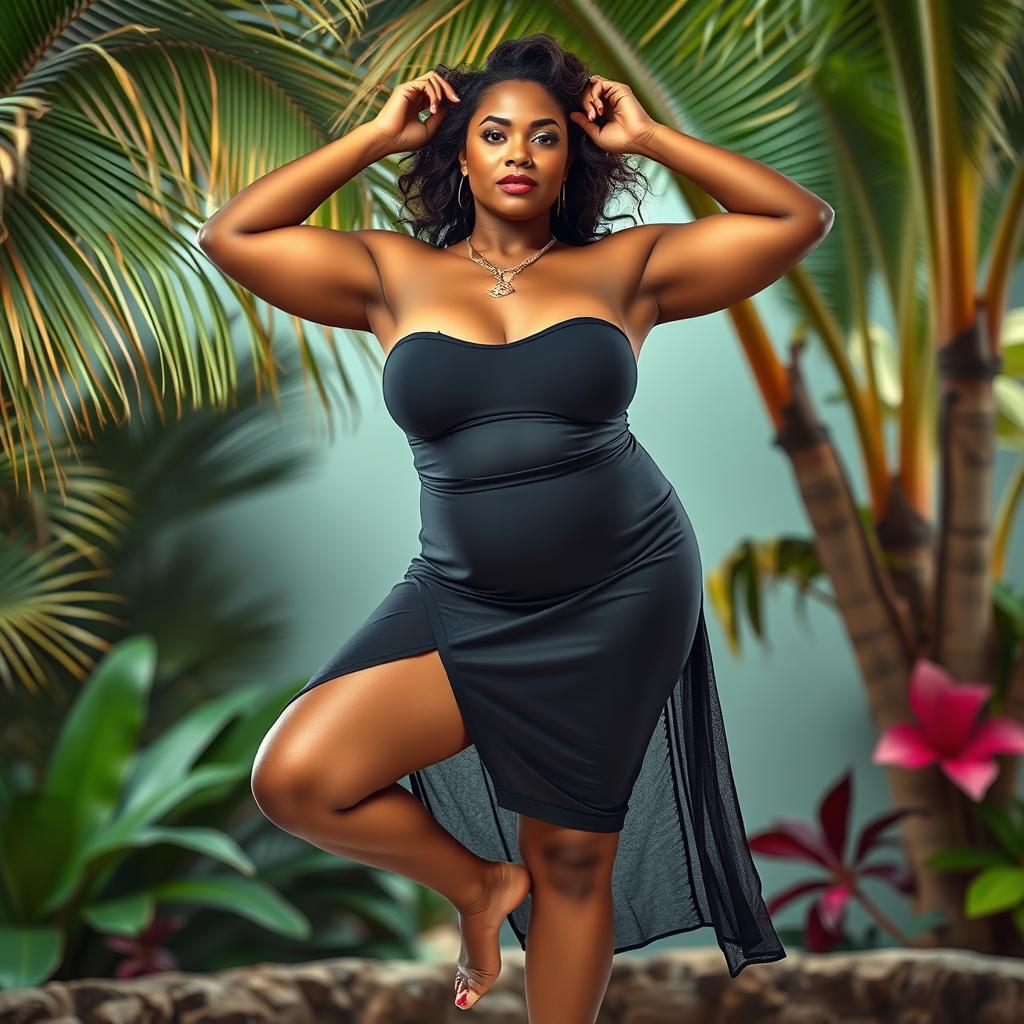 A large, confident woman posing in a stylized, artistic manner, showcasing her natural beauty and strength in an empowering way