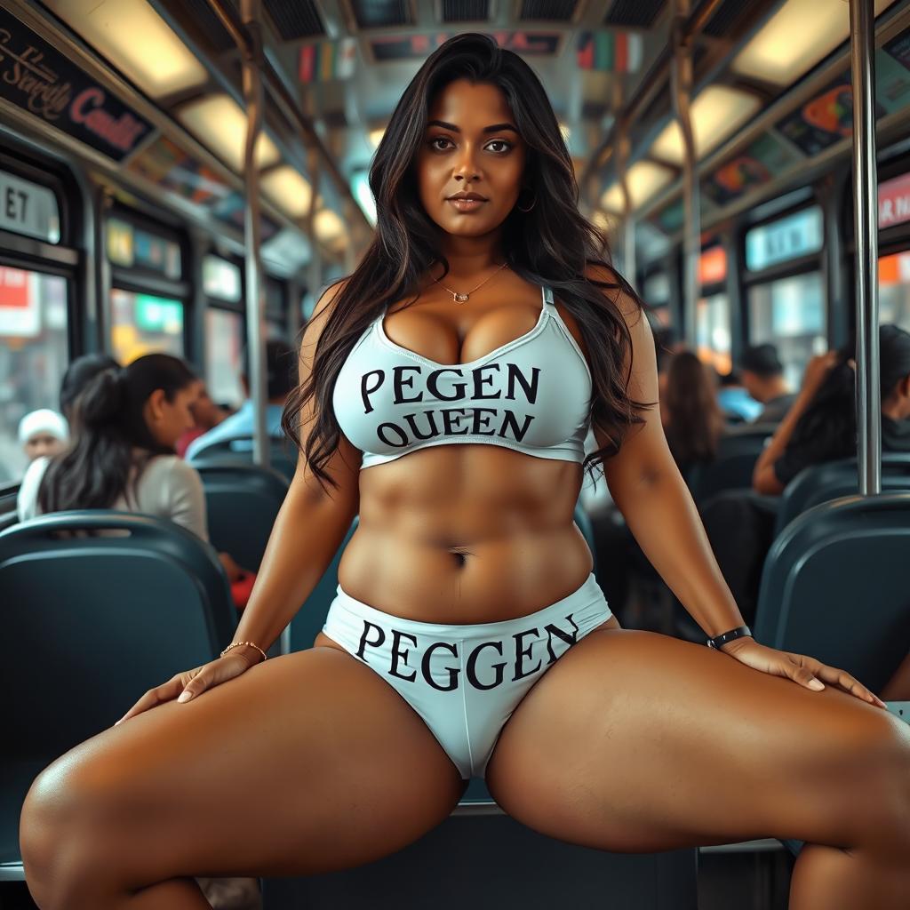 An Indian woman with voluptuous thighs confidently sitting on a bus with her legs wide open, casually showcasing her white bra that reads 'PEGGING QUEEN'