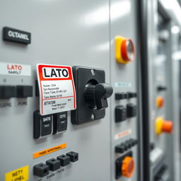 A close-up image of a LOTO (Lockout Tagout) label affixed to a toggle switch on an electrical panel within a high-tech chemical company