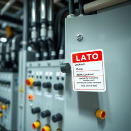 A close-up image of a LOTO (Lockout Tagout) label affixed to a toggle switch on an electrical panel within a high-tech chemical company